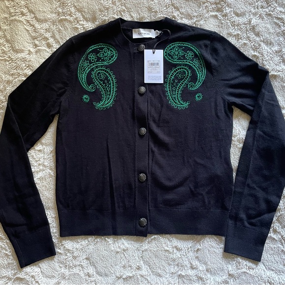 Coach Bandana Crewneck 100% Wool Cardigan, Size XS. Retail $459. NWT! - Picture 3 of 7